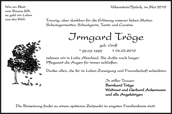 Traueranzeige von Irmgard Tröge von Rundschau Gaildorf