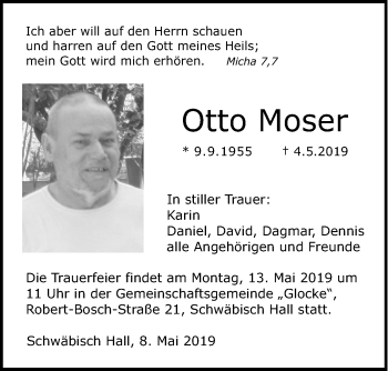 Traueranzeige von Otto Moser von Haller Tagblatt
