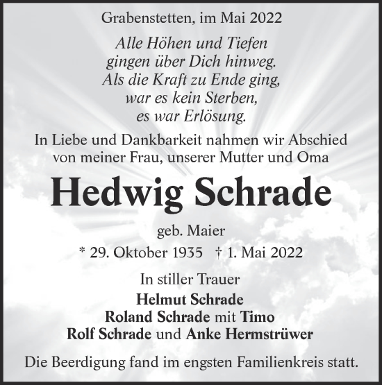 Traueranzeige von Hedwig Schrade von Alb-Bote/Metzinger-Uracher Volksblatt