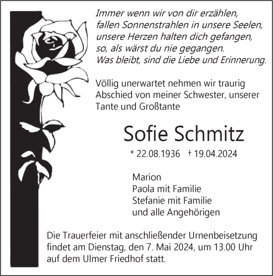 Traueranzeige von Sofie Schmitz von SÜDWEST PRESSE Ausgabe Ulm/Neu-Ulm