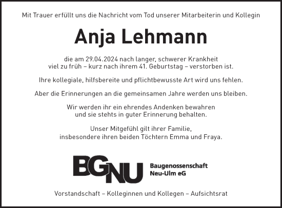 Traueranzeige von Anja Lehmann von SÜDWEST PRESSE Ausgabe Ulm/Neu-Ulm