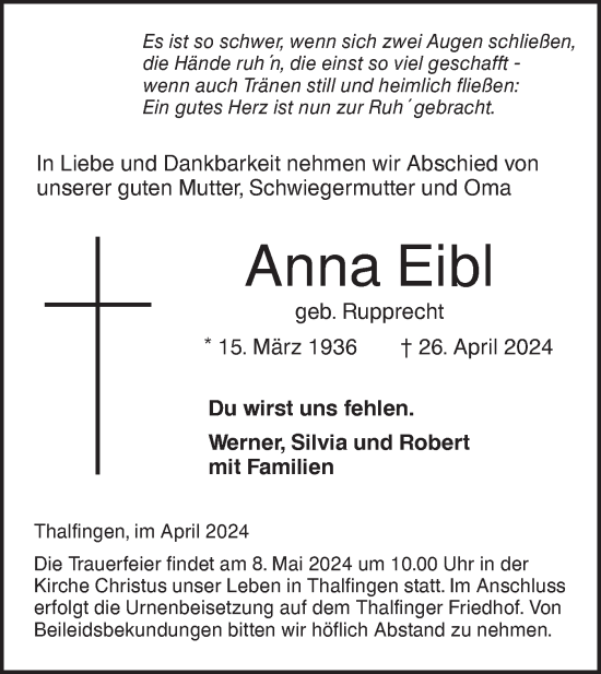 Traueranzeige von Anna Eibl von SÜDWEST PRESSE Ausgabe Ulm/Neu-Ulm