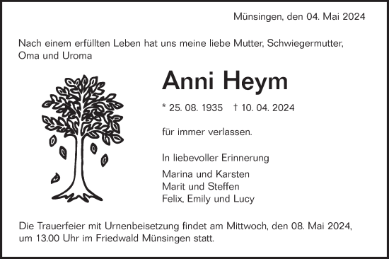 Traueranzeige von Anni Heym von Alb-Bote/Metzinger-Uracher Volksblatt