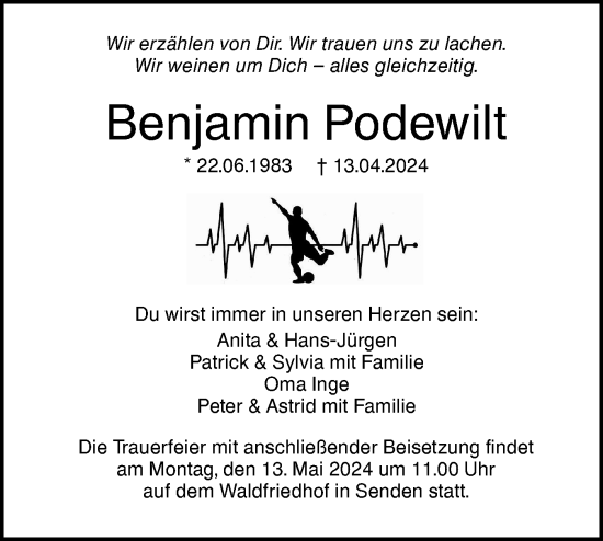Traueranzeige von Benjamin Podewilt von SÜDWEST PRESSE Ausgabe Ulm/Neu-Ulm/Neu-Ulmer Zeitung