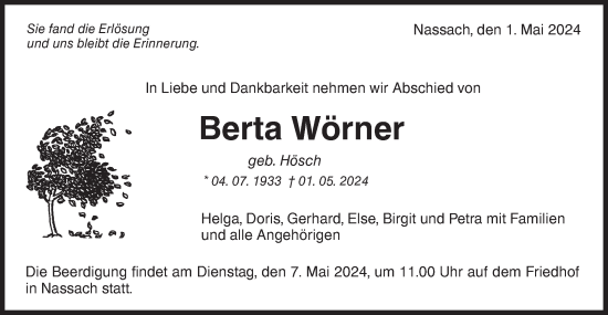 Traueranzeige von Berta Wörner von NWZ Neue Württembergische Zeitung