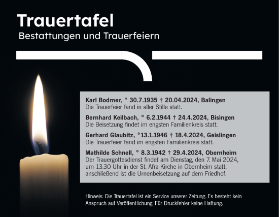Traueranzeige von Bestattungen vom 04.05.2024 von SÜDWEST PRESSE Zollernalbkreis/Hohenzollerische Zeitung