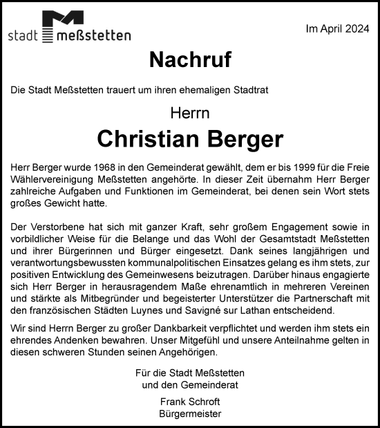 Traueranzeige von Christian Berger von SÜDWEST PRESSE Zollernalbkreis/Hohenzollerische Zeitung