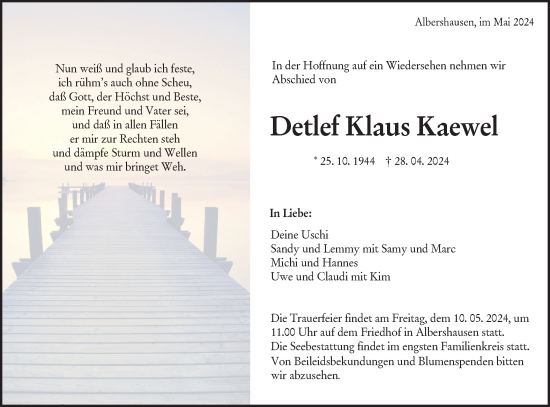 Traueranzeige von Detlef Klaus Kaewel von NWZ Neue Württembergische Zeitung