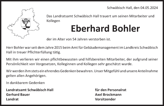 Traueranzeige von Eberhard Bohler von Haller Tagblatt/Rundschau Gaildorf/Hohenloher Tagblatt