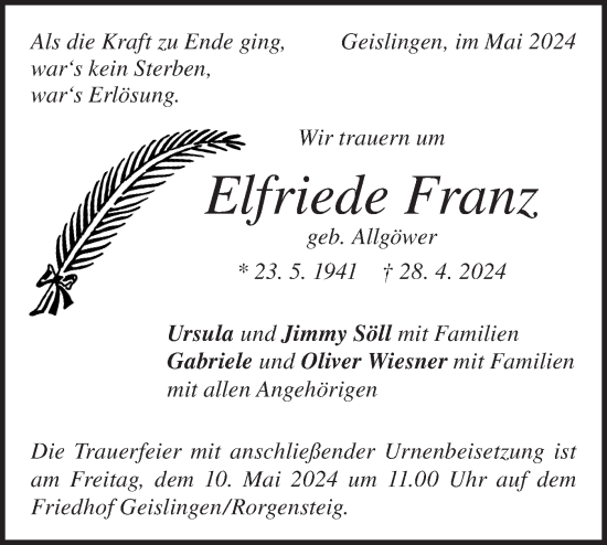 Traueranzeige von Elfriede Franz von Geislinger Zeitung