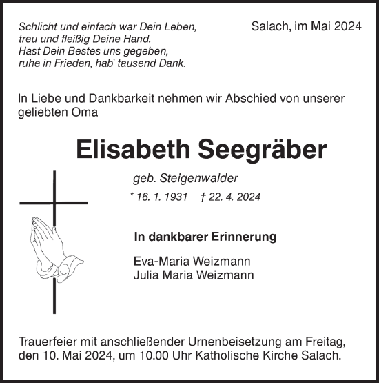Traueranzeige von Elisabeth Seegräber von NWZ Neue Württembergische Zeitung