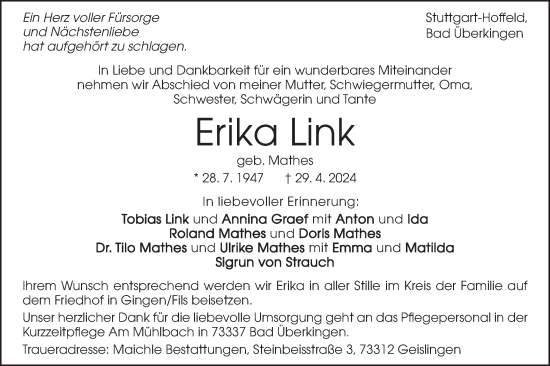 Traueranzeige von Erika Link von NWZ Neue Württembergische Zeitung/Geislinger Zeitung
