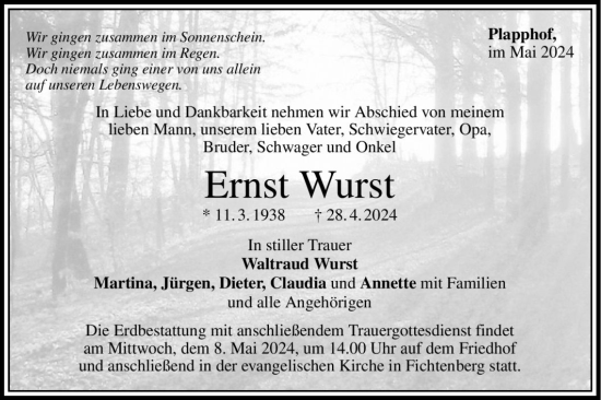 Traueranzeige von Ernst Wurst von Rundschau Gaildorf