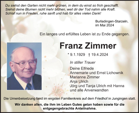 Traueranzeige von Franz Zimmer von SÜDWEST PRESSE Zollernalbkreis/Hohenzollerische Zeitung