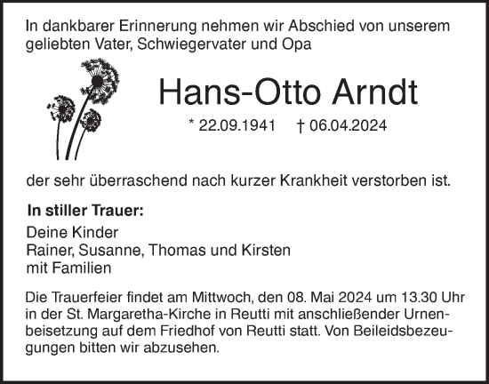 Traueranzeige von Hans-Otto Arndt von SÜDWEST PRESSE Ausgabe Ulm/Neu-Ulm