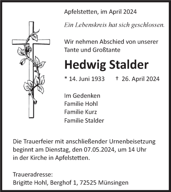 Traueranzeige von Hedwig Stalder von Alb-Bote/Metzinger-Uracher Volksblatt