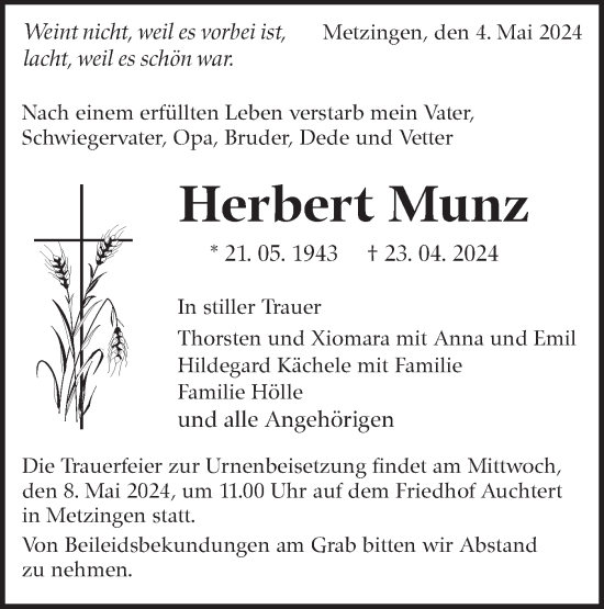 Traueranzeige von Herbert Munz von Alb-Bote/Metzinger-Uracher Volksblatt