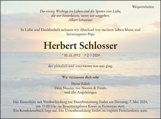 Traueranzeige von Herbert Schlosser von Hohenloher Tagblatt