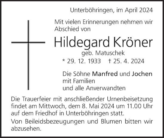 Traueranzeige von Hildegard Kröner von Geislinger Zeitung