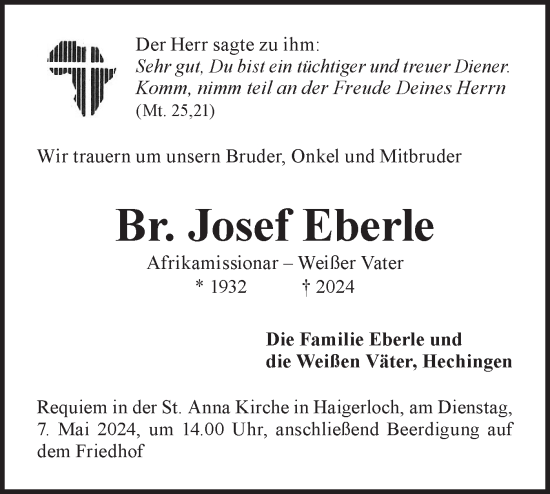 Traueranzeige von Josef Eberle von Hohenzollerische Zeitung/SÜDWEST PRESSE Zollernalbkreis