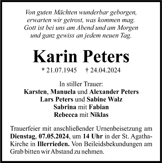 Traueranzeige von Karin Peters von SÜDWEST PRESSE Ausgabe Ulm/Neu-Ulm