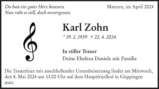 Traueranzeige von Karl Zohn von NWZ Neue Württembergische Zeitung