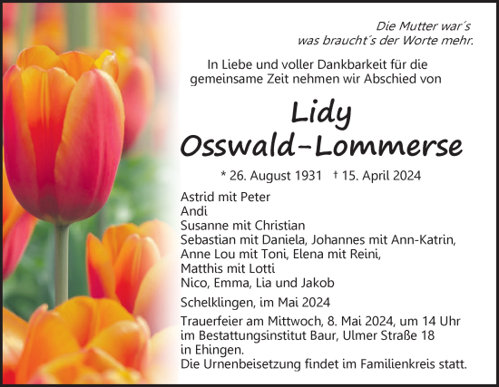 Traueranzeige von Lidy Osswald-Lommerse von Ehinger Tagblatt