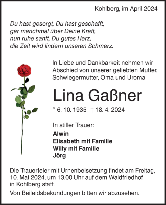 Traueranzeige von Lina Gaßner von Alb-Bote/Metzinger-Uracher Volksblatt