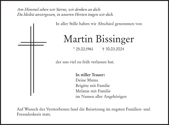 Traueranzeige von Martin Bissinger von SÜDWEST PRESSE Ausgabe Ulm/Neu-Ulm