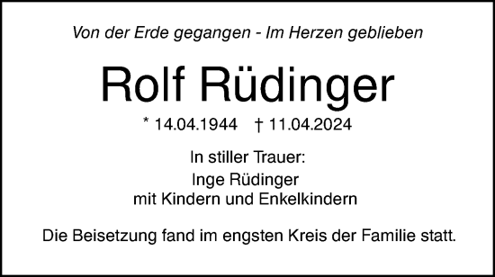 Traueranzeige von Rolf Rüdinger von SÜDWEST PRESSE Ausgabe Ulm/Neu-Ulm