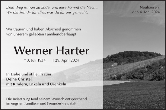 Traueranzeige von Werner Harter von Alb-Bote/Metzinger-Uracher Volksblatt