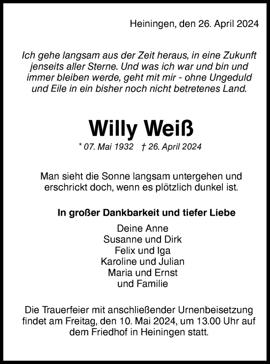 Traueranzeige von Willy Weiß von NWZ Neue Württembergische Zeitung