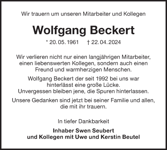 Traueranzeige von Wolfgang Beckert von NWZ Neue Württembergische Zeitung