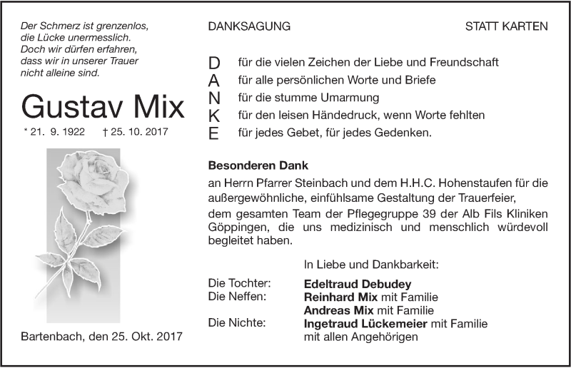  Traueranzeige für Gustav Mix vom 03.11.2017 aus NWZ Neue Württembergische Zeitung