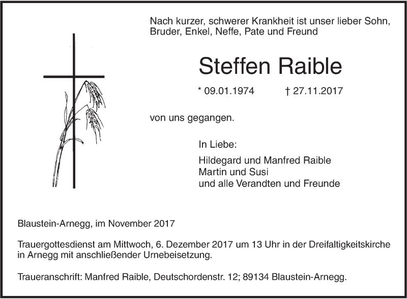  Traueranzeige für Steffen Raible vom 30.11.2017 aus SÜDWEST PRESSE Ausgabe Ulm/Neu-Ulm