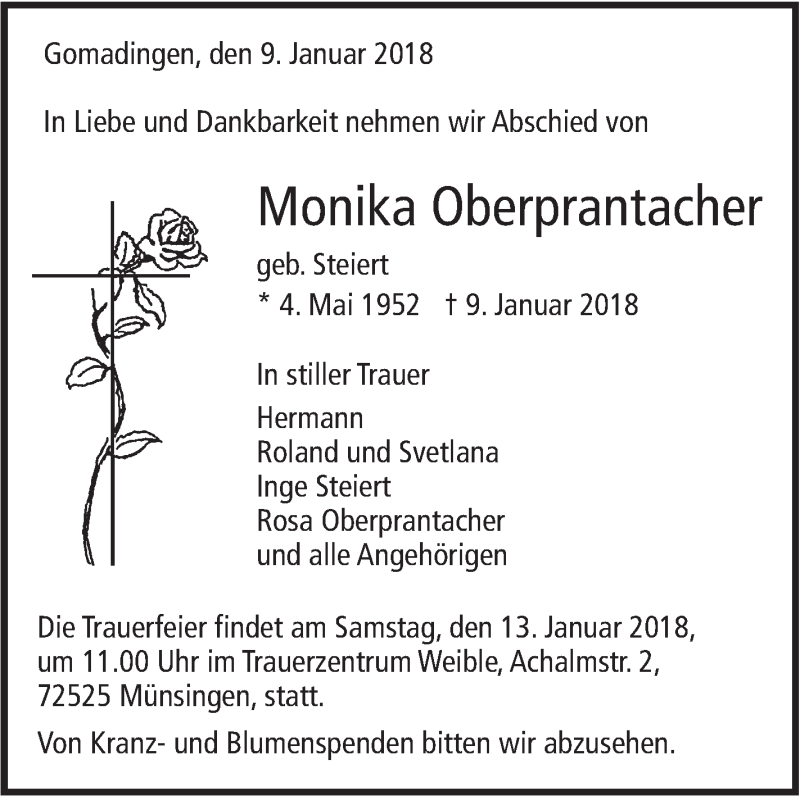 Traueranzeige für Monika Oberprantacher vom 11.01.2018 aus Alb-Bote/Metzinger-Uracher Volksblatt