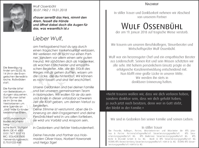  Traueranzeige für Wulf Ossenbühl vom 26.01.2018 aus NWZ Neue Württembergische Zeitung