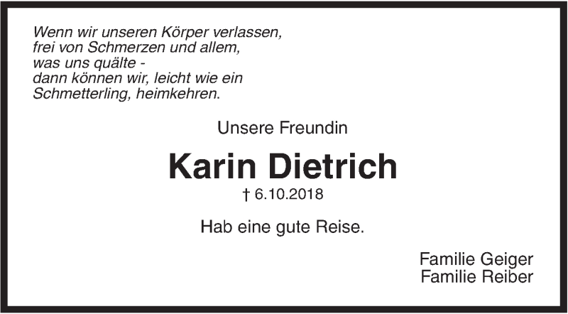  Traueranzeige für Karin Dietrich vom 10.10.2018 aus Metzinger-Uracher Volksblatt