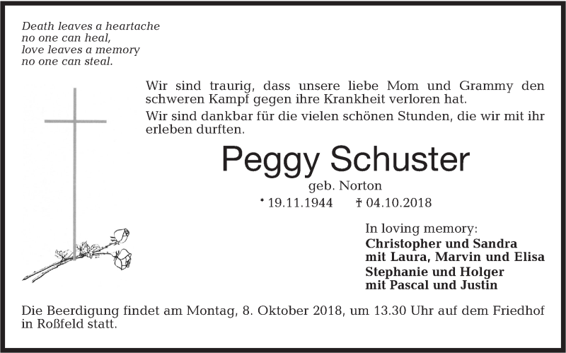  Traueranzeige für Peggy Schuster vom 05.10.2018 aus Hohenloher Tagblatt