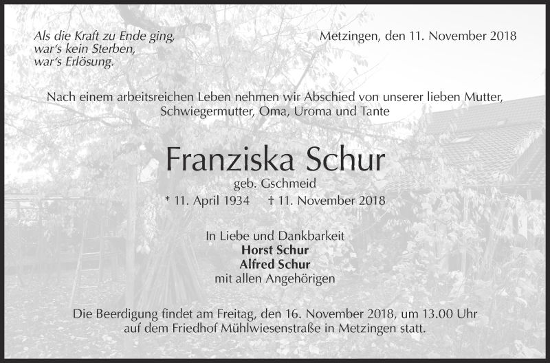  Traueranzeige für Franziska Schur vom 13.11.2018 aus Metzinger-Uracher Volksblatt