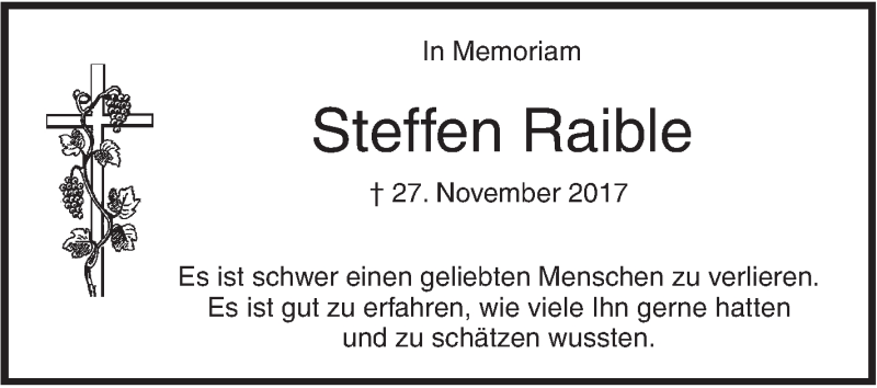  Traueranzeige für Steffen Raible vom 27.11.2018 aus SÜDWEST PRESSE Ausgabe Ulm/Neu-Ulm