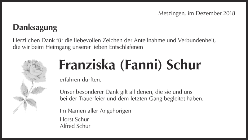  Traueranzeige für Franziska Schur vom 11.12.2018 aus Metzinger-Uracher Volksblatt