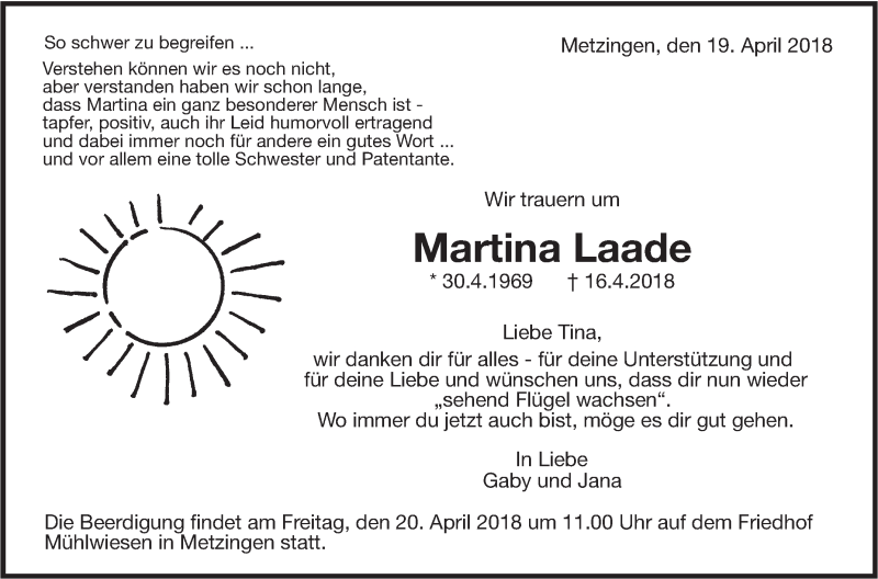  Traueranzeige für Martina Laade vom 19.04.2018 aus Metzinger-Uracher Volksblatt