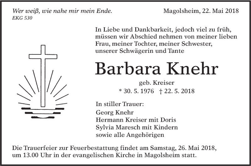  Traueranzeige für Barbara Knehr vom 25.05.2018 aus Alb-Bote/Metzinger-Uracher Volksblatt