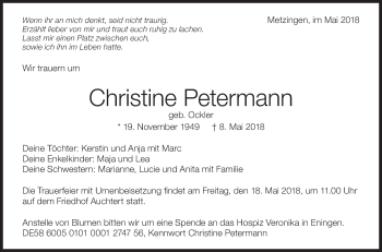 Traueranzeige von Christine Petermann von Metzinger-Uracher Volksblatt
