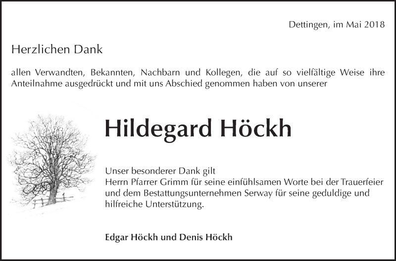  Traueranzeige für Hildegard Höckh vom 19.05.2018 aus Metzinger-Uracher Volksblatt