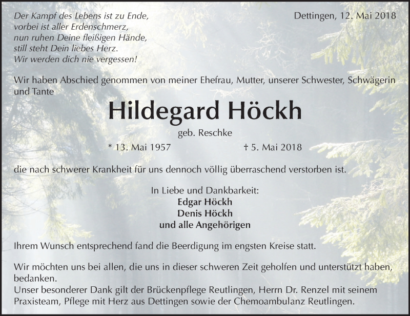  Traueranzeige für Hildegard Höckh vom 12.05.2018 aus Metzinger-Uracher Volksblatt