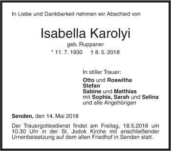 Traueranzeige von Isabella Karolyi von SÜDWEST PRESSE Ausgabe Ulm/Neu-Ulm