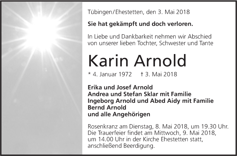  Traueranzeige für Karin Arnold vom 07.05.2018 aus Alb-Bote/Metzinger-Uracher Volksblatt