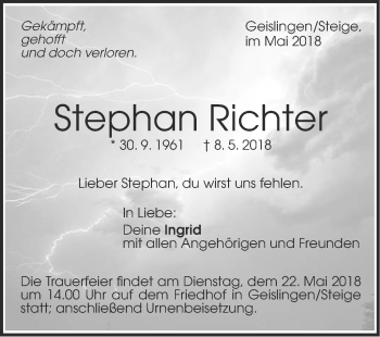Traueranzeige von Stephan Richter von Geislinger Zeitung